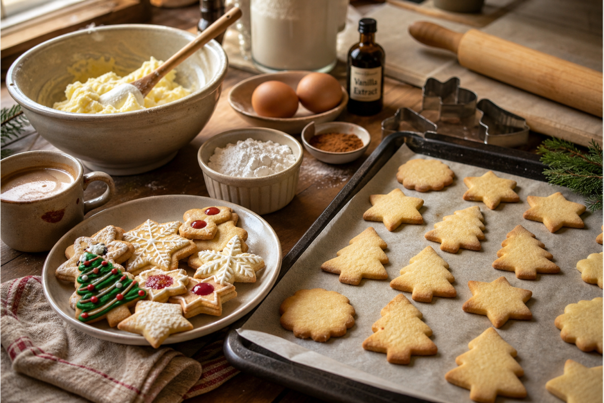Galletas de Mantequilla Caseras: Crujientes y Fáciles de Hacer 1 Christmas cookies on a baking tray and a plate, with decorating ingredients and tools on a kitchen table